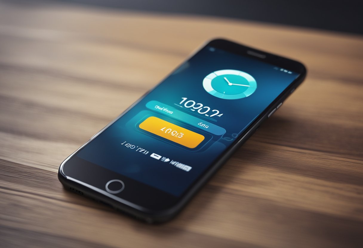 Um smartphone exibindo um aplicativo de carteira digital com um ícone de carregamento, cercado por um relógio mostrando a passagem do tempo