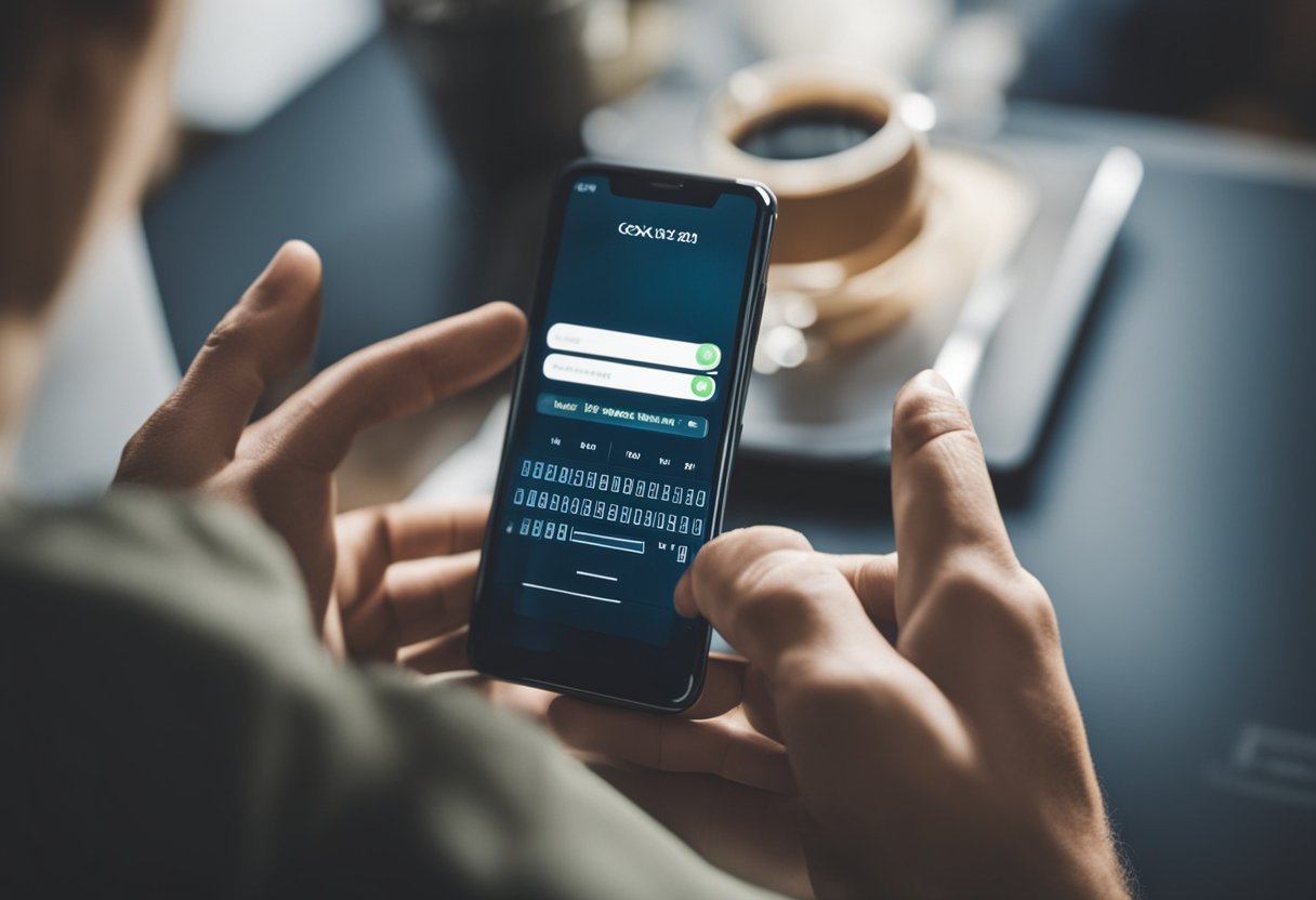 Uma pessoa digitando uma senha de 6 dígitos no aplicativo Caixa Tem em um smartphone