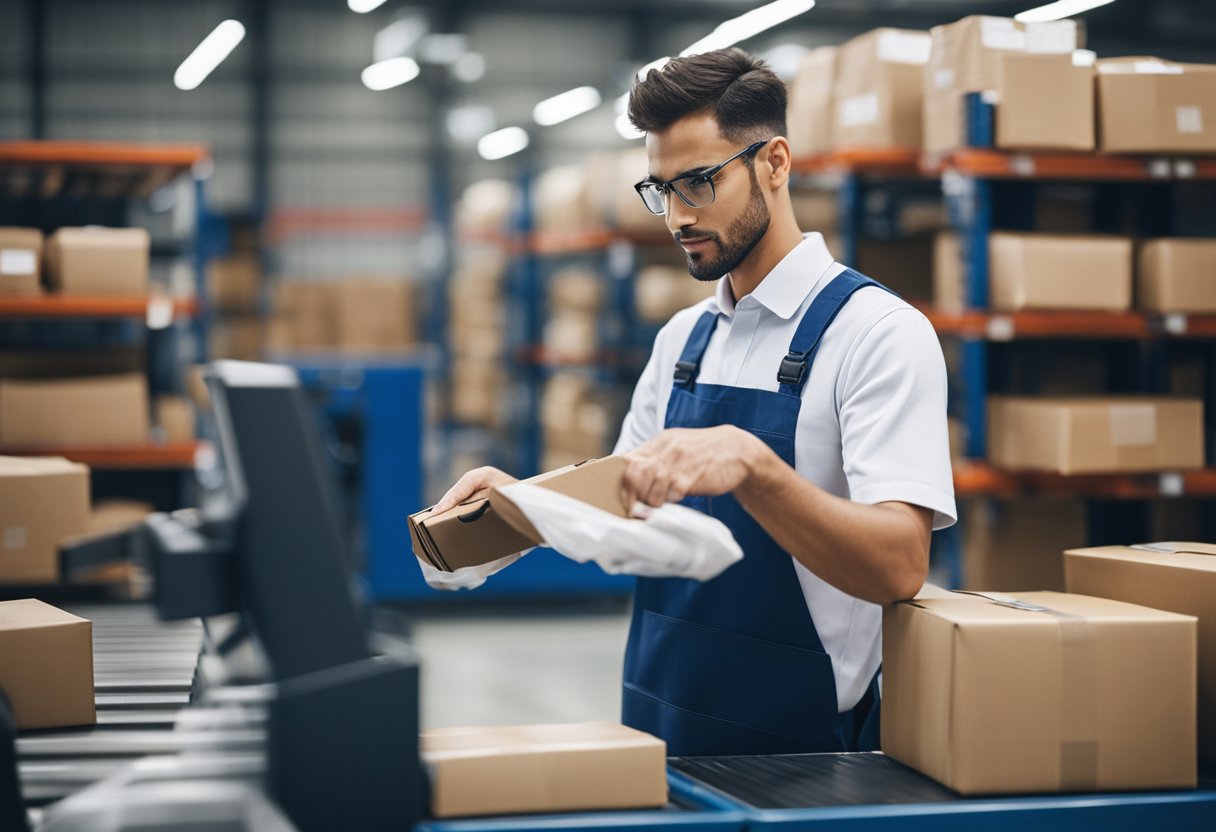 Um trabalhador postal escaneando pacotes em uma instalação de triagem com esteiras transportadoras e prateleiras de pacotes ao fundo