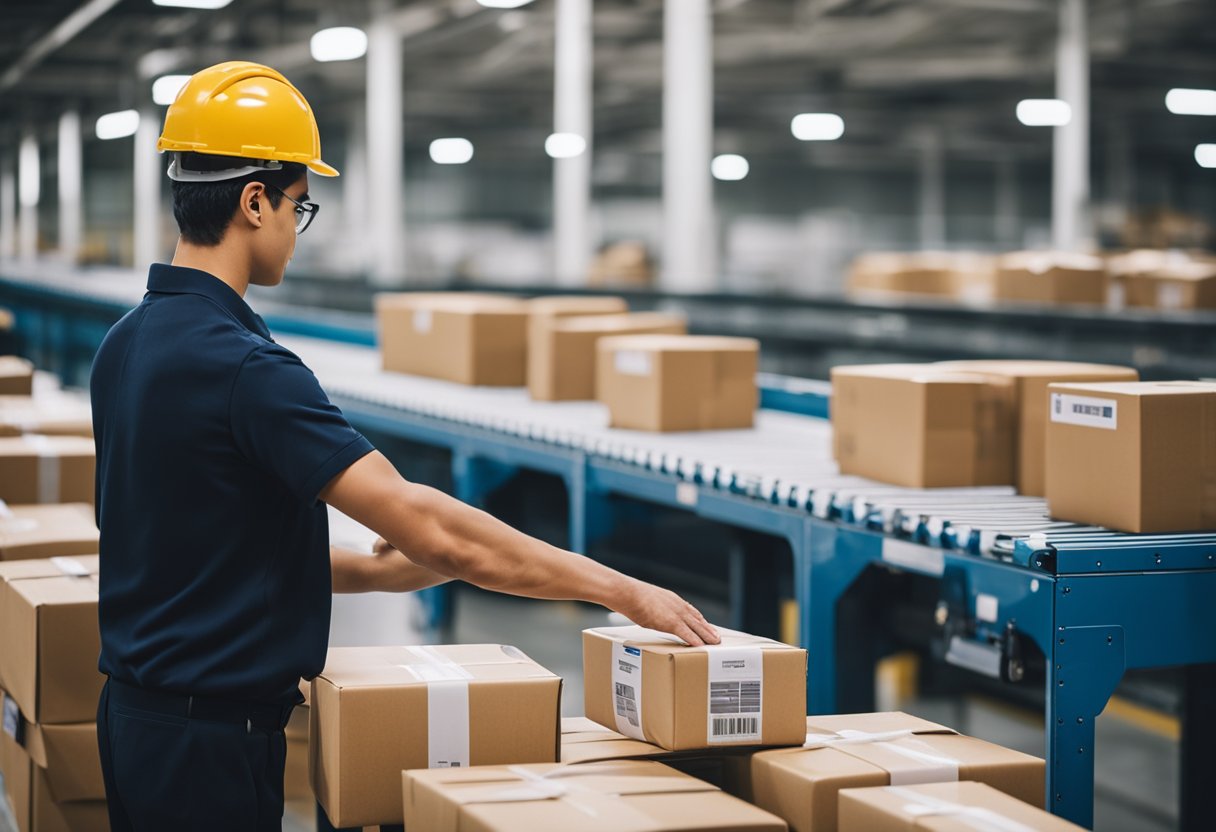 Um trabalhador postal escaneando pacotes em uma instalação de triagem, com esteiras e pacotes ao fundo.