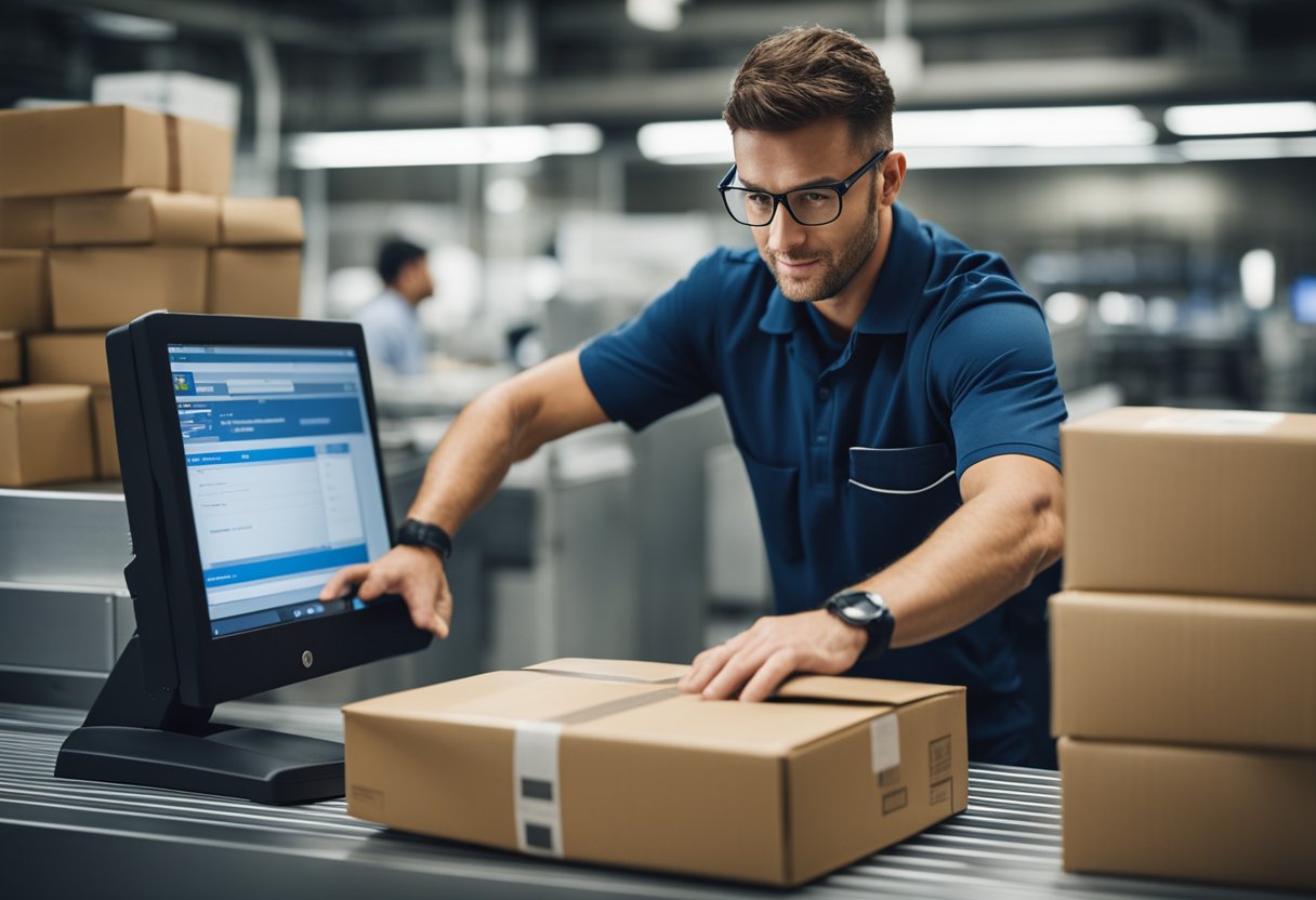 Um carteiro escaneia pacotes em uma esteira transportadora, atualizando as informações de rastreamento em uma tela de computador.