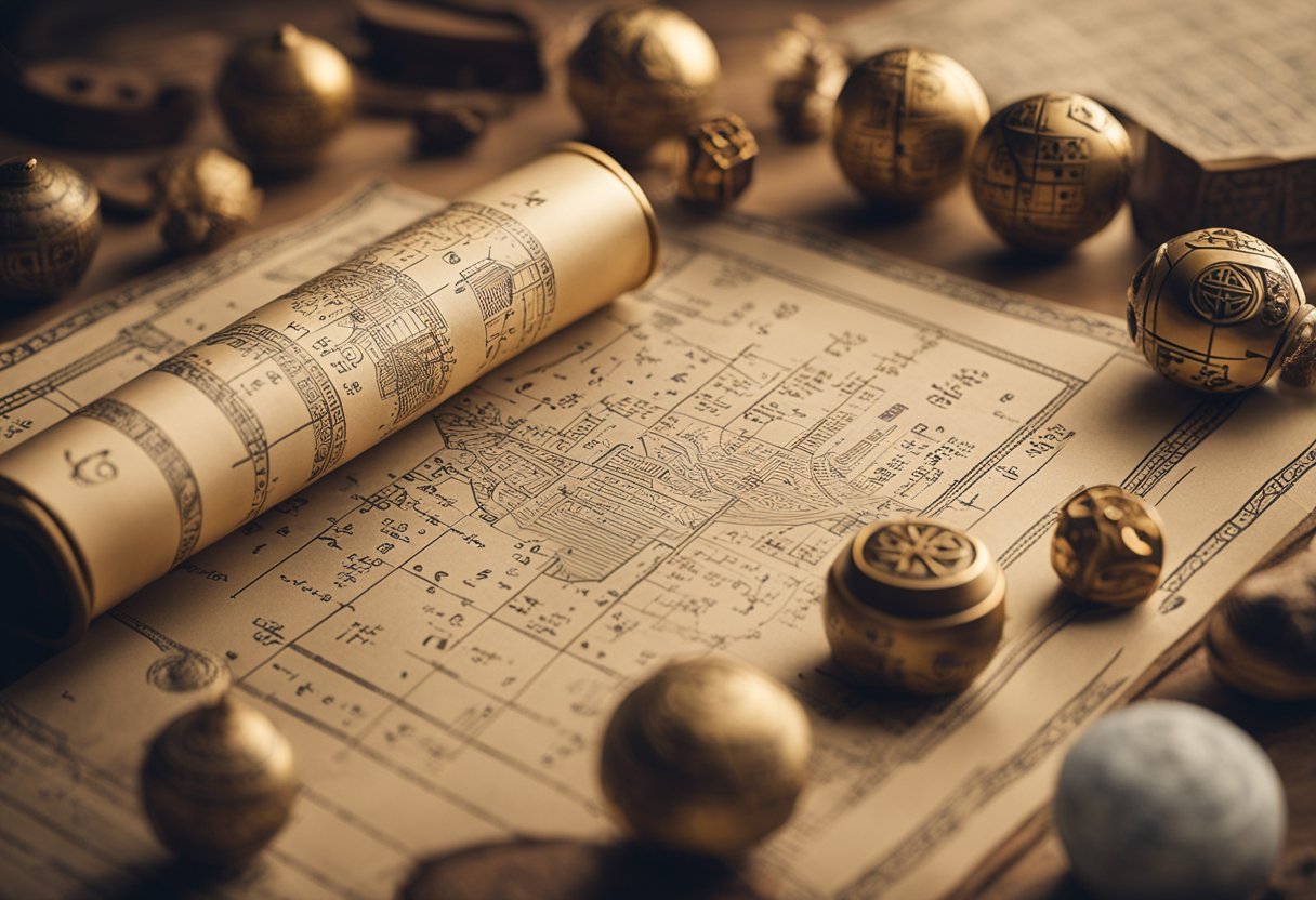 Um pergaminho com símbolos e diagramas matemáticos antigos, cercado por artefatos de diferentes civilizações