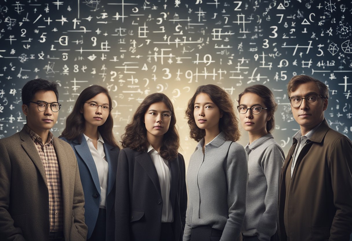 Um grupo de retratos de matemáticos cercados por símbolos e equações matemáticas, representando suas contribuições para o campo da matemática.