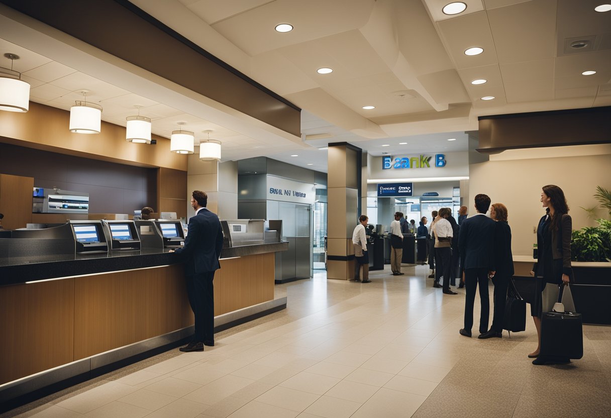 Um movimentado saguão de banco com um proeminente logo do Pan Bank na parede. Clientes aguardam na fila enquanto funcionários atendem nas janelas de caixa.