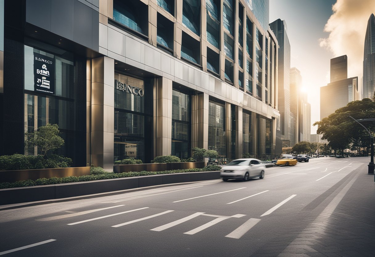 Um grande e moderno edifício bancário com o nome "Banco Pan" exibido de forma proeminente, cercado por ruas movimentadas da cidade e arranha-céus altos.