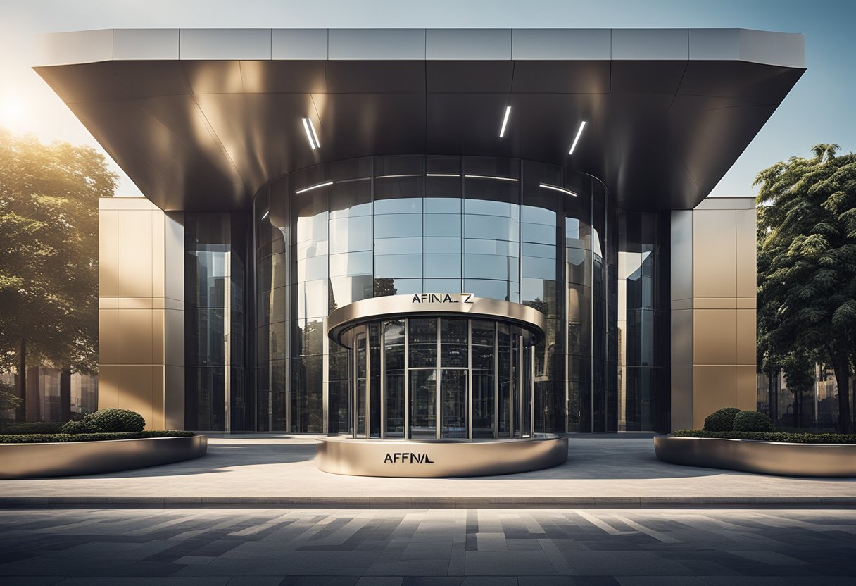 Um prédio bancário futurista e elegante com o nome "Afinal Z1" em destaque. A arquitetura é moderna e de ponta, com linhas limpas e um design minimalista.