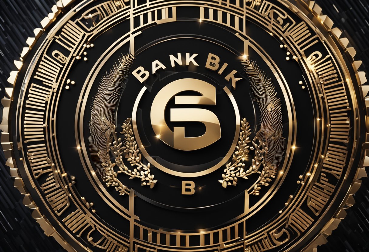 Um logotipo de banco moderno com design elegante e futurista, cercado por elementos e símbolos digitais.