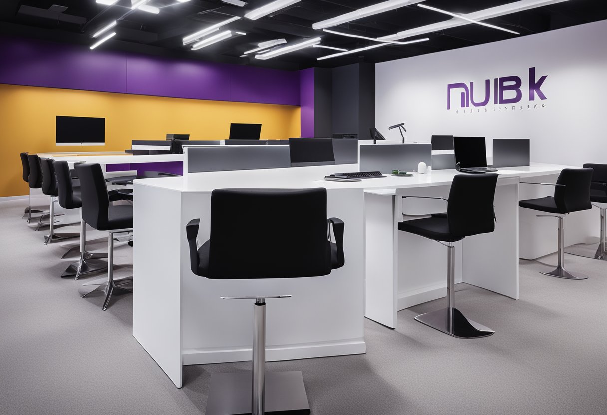 Um espaço de escritório moderno e minimalista com o logo do Nubank em destaque na parede. Uma atmosfera elegante e high-tech com linhas limpas e cores ousadas.