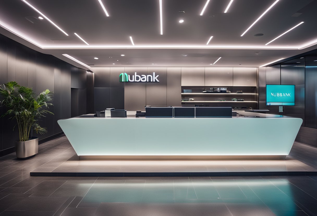 Uma agência bancária moderna e elegante com o logo do Nubank em destaque. Linhas limpas e uma sensação futurista.