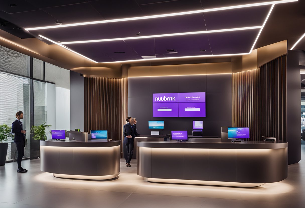 Uma agência bancária moderna com telas digitais e móveis elegantes para abertura e gerenciamento de contas na agência Nubank 0001