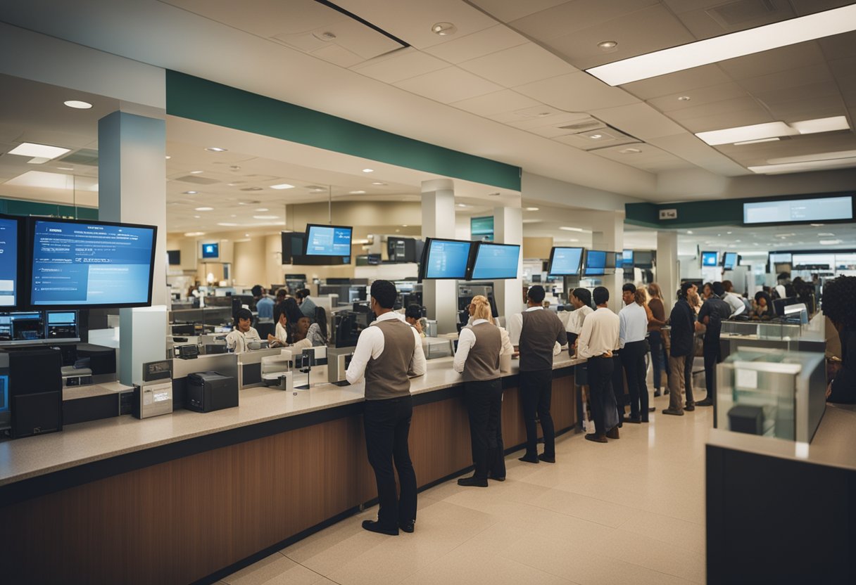 Uma agência bancária movimentada com clientes esperando na fila e caixas atendendo nos balcões