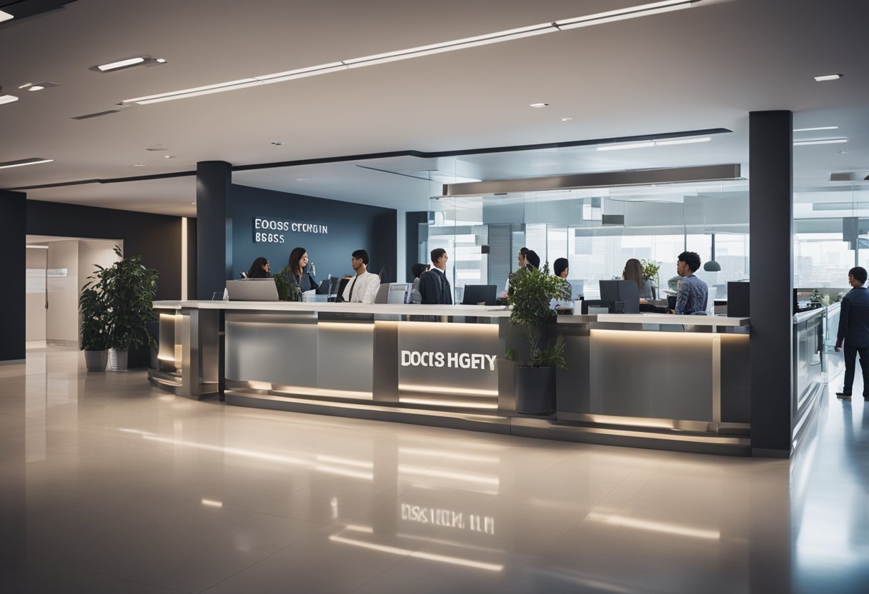 Uma agência movimentada com pessoas esperando na fila, um balcão de atendimento ao cliente e placas exibindo o nome da agência e os serviços oferecidos.