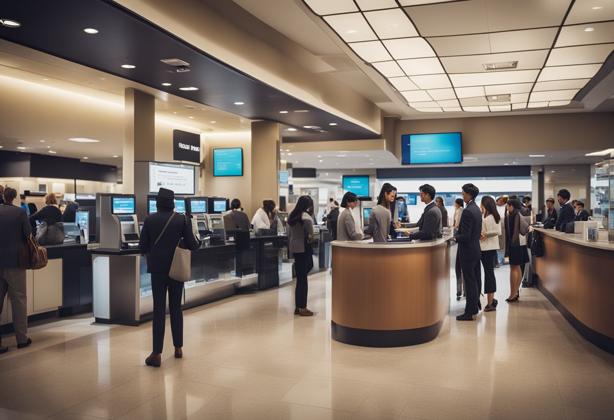 Uma agência bancária movimentada com clientes esperando na fila, caixas atendendo clientes e placas promovendo serviços de cartão de crédito.