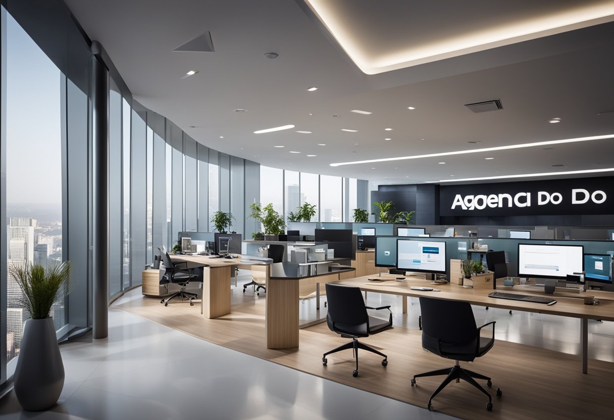 Um espaço de escritório moderno e elegante com um grande logo futurista da "Agência do Cartão" na parede. Vários funcionários trabalham em suas mesas, processando transações e atendendo clientes.