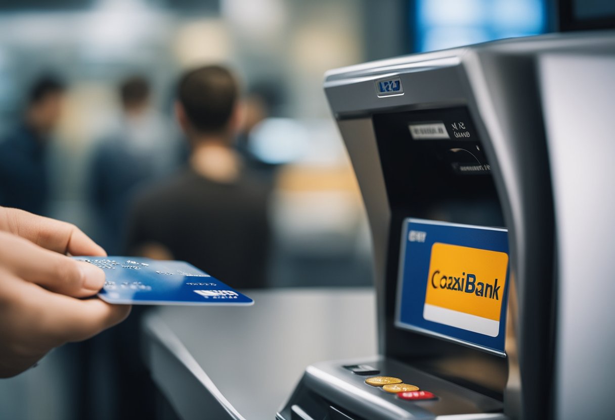 Um cartão de crédito sendo passado em um terminal de agência da Caixa
