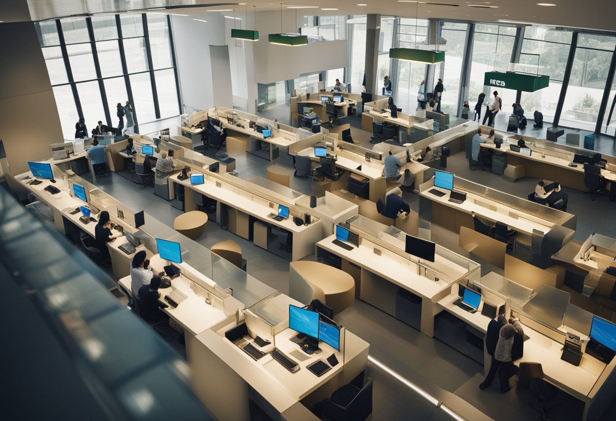 Uma visão panorâmica de uma movimentada agência do Caixa Bank, com clientes nos guichês e funcionários nas mesas.