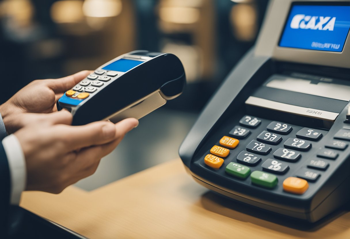Uma pessoa usando um cartão de crédito para pagar por um serviço em uma agência do banco Caixa