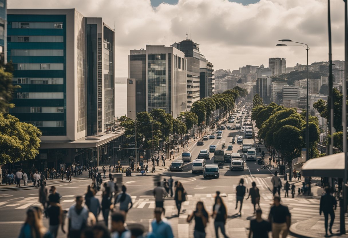 Uma rua movimentada na cidade de Porto Alegre, com o edifício Agibank ao fundo e pessoas passando.