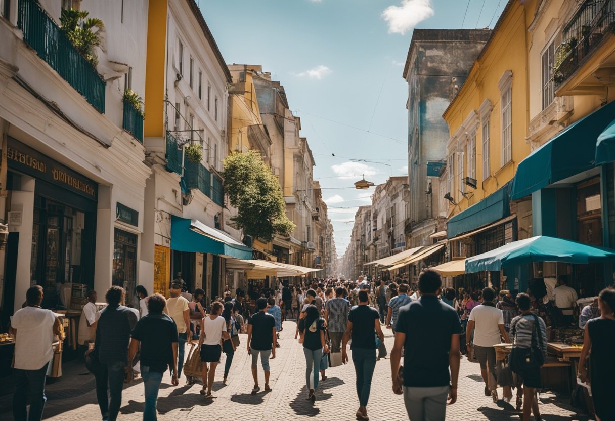 Uma rua movimentada em Porto Alegre, com vitrines coloridas e pessoas entrando e saindo da agência Agibank. O sol brilha e a cidade está cheia de atividades.