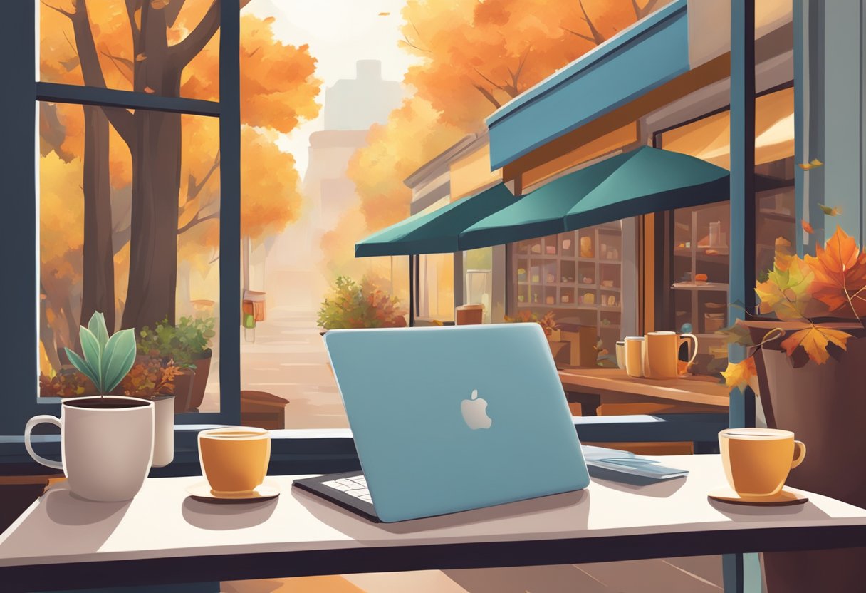A cozy coffee shop with steaming mugs, plants, and a laptop open to a blank page. Outside, colorful autumn leaves fall from the trees