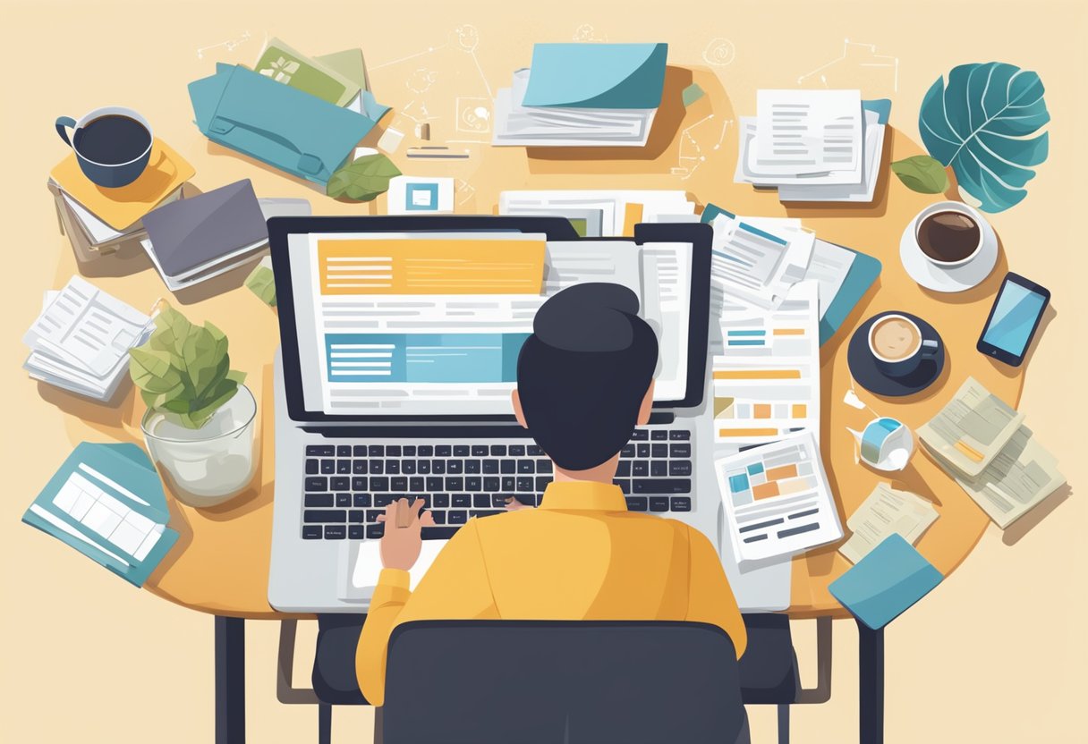 A person typing on a laptop surrounded by various blog topics and a cup of coffee