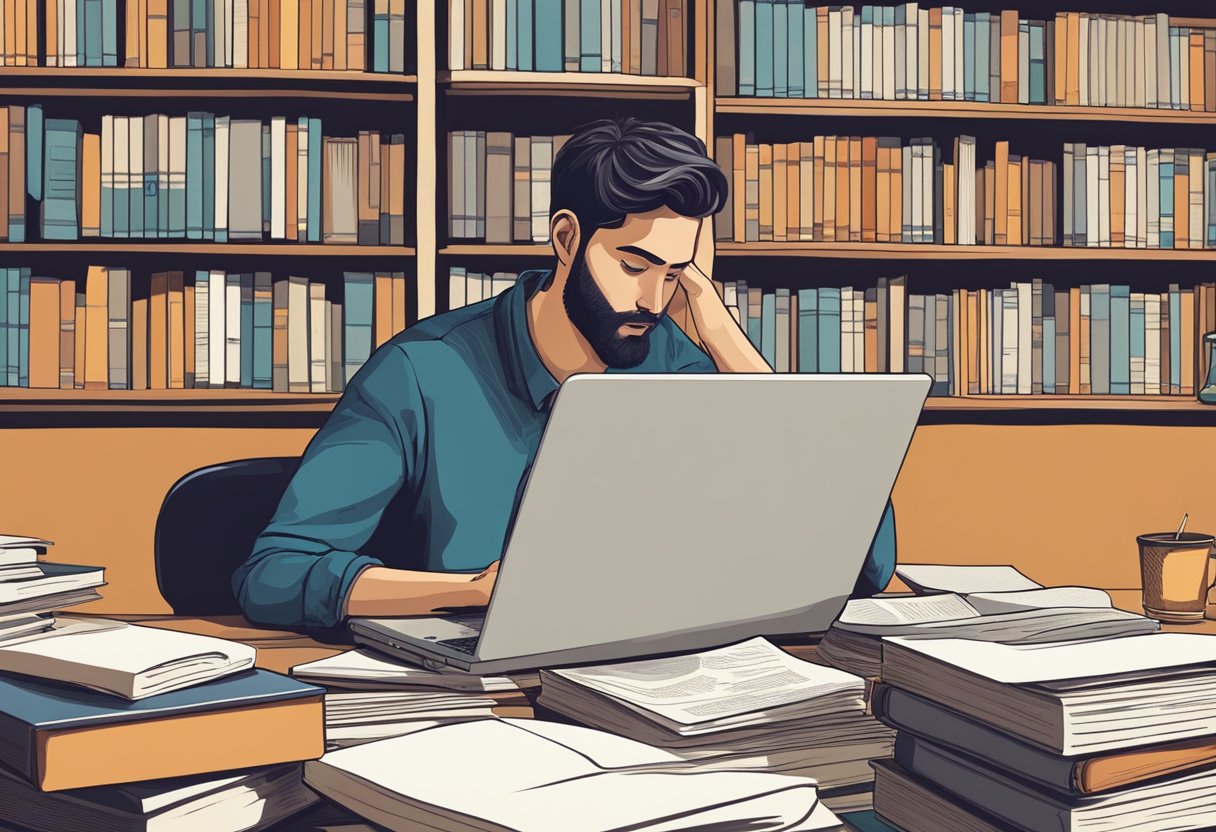 A person sitting at a desk with a laptop, surrounded by books and papers, deep in thought