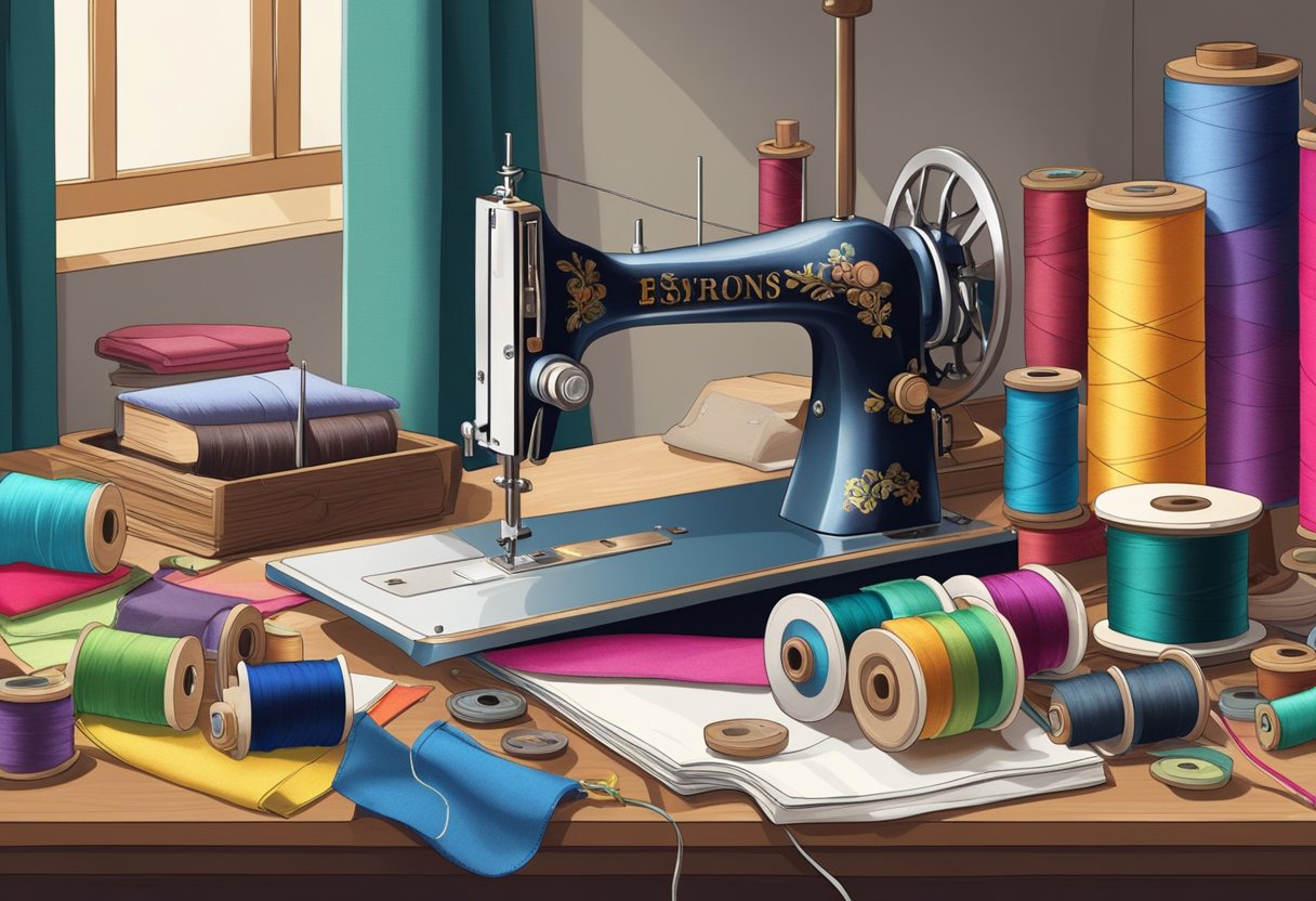 A cluttered desk with colorful fabric swatches, sketchbooks, and sewing supplies. A vintage sewing machine sits in the corner, surrounded by spools of thread