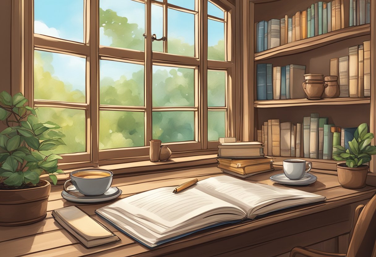 A cozy writing nook with a desk, pen, and paper, surrounded by books and a warm cup of tea. A window overlooks a peaceful garden