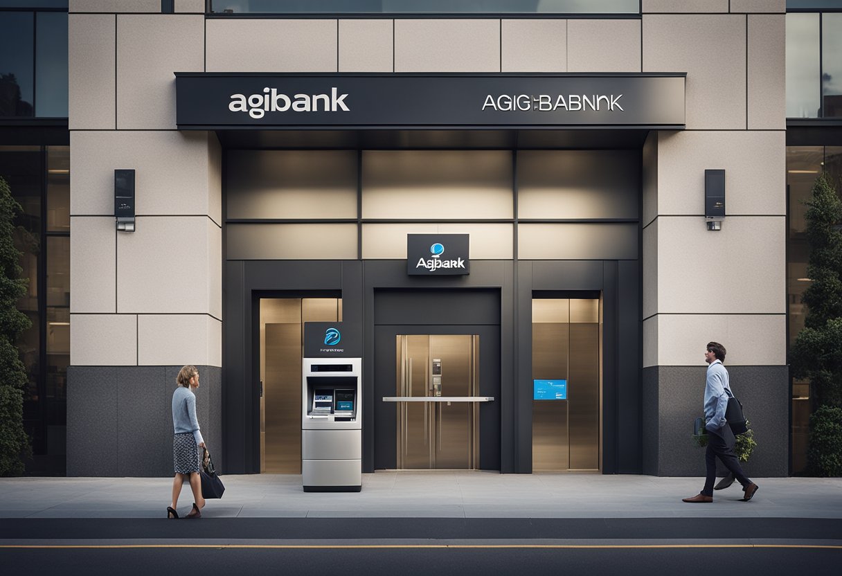 Um moderno e elegante edifício bancário com o logo do Agibank exibido de forma proeminente. Uma fila de clientes espera do lado de fora, enquanto outros utilizam o caixa eletrônico.