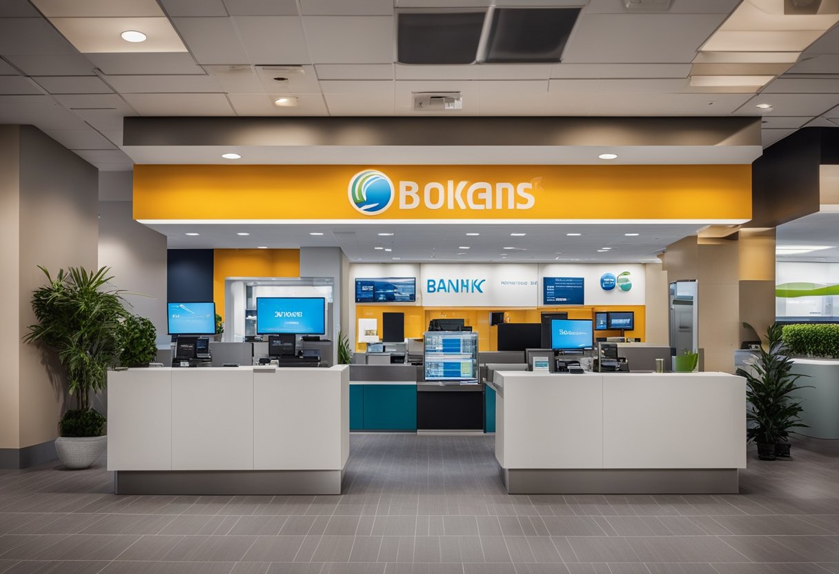 Uma agência bancária vibrante e moderna com uma variedade de produtos e serviços financeiros exibidos, incluindo opções de banco digital e áreas de atendimento ao cliente.