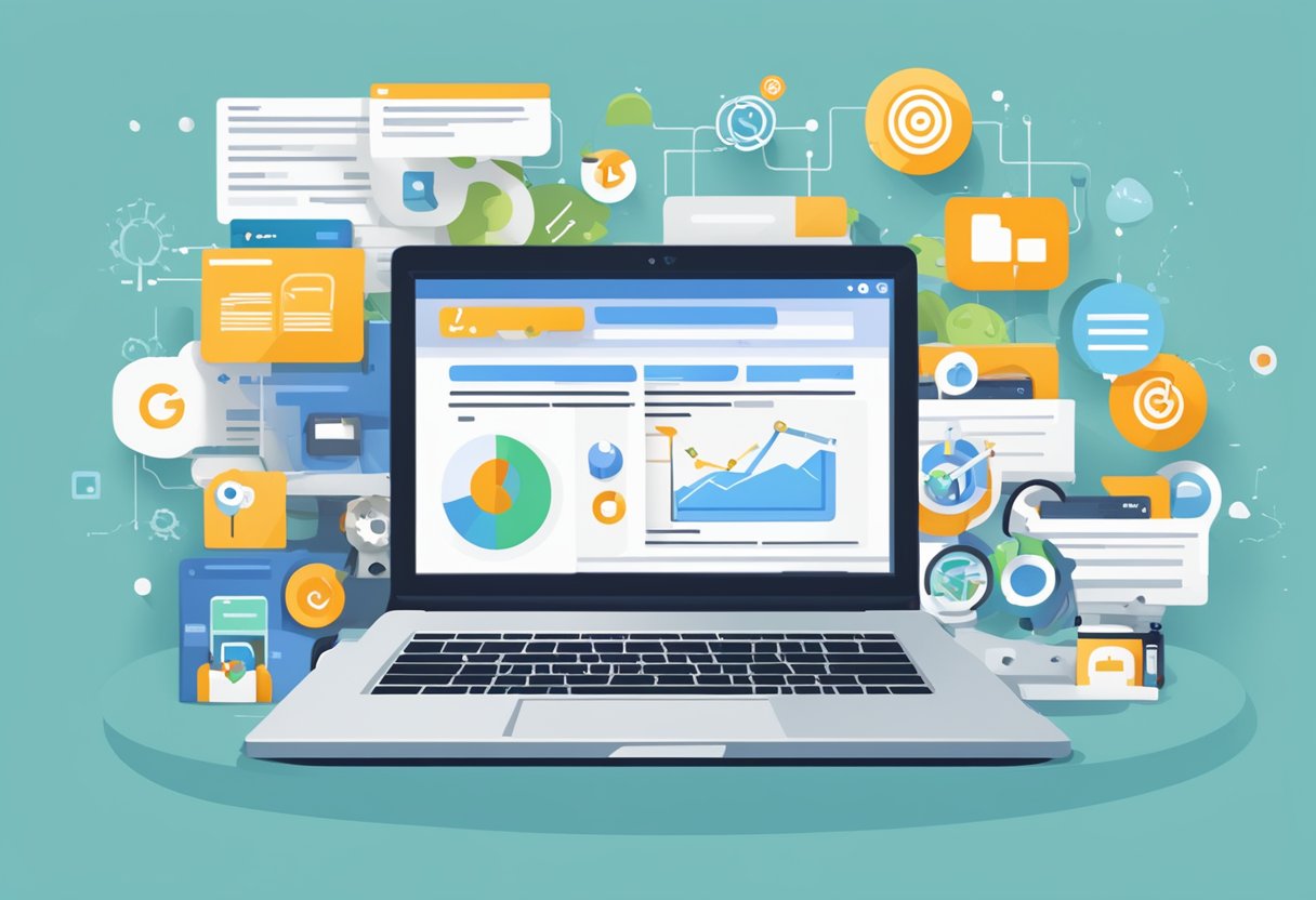 A laptop with a blog page open, surrounded by various SEO and visibility icons and symbols