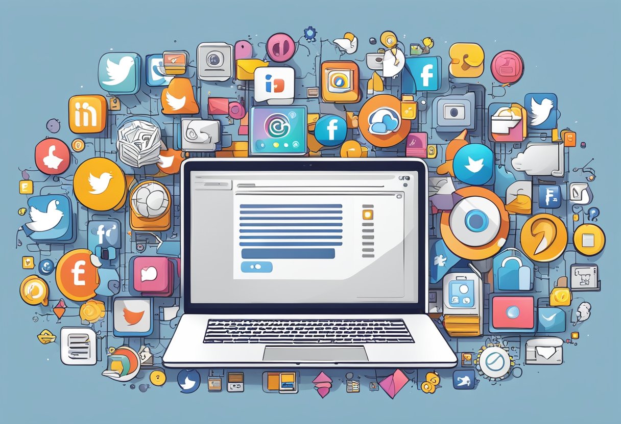 A laptop surrounded by colorful social media icons and promotional materials