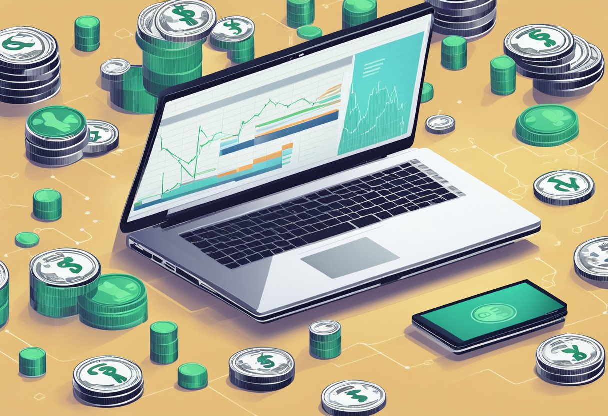 A laptop surrounded by various dollar signs and coins, with a graph showing increasing revenue