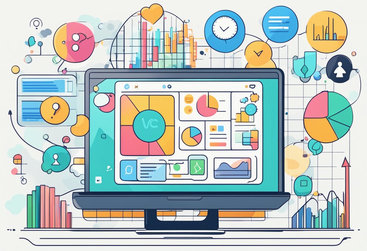 A laptop displaying a blog with colorful graphs and charts, surrounded by speech bubbles and thumbs-up icons