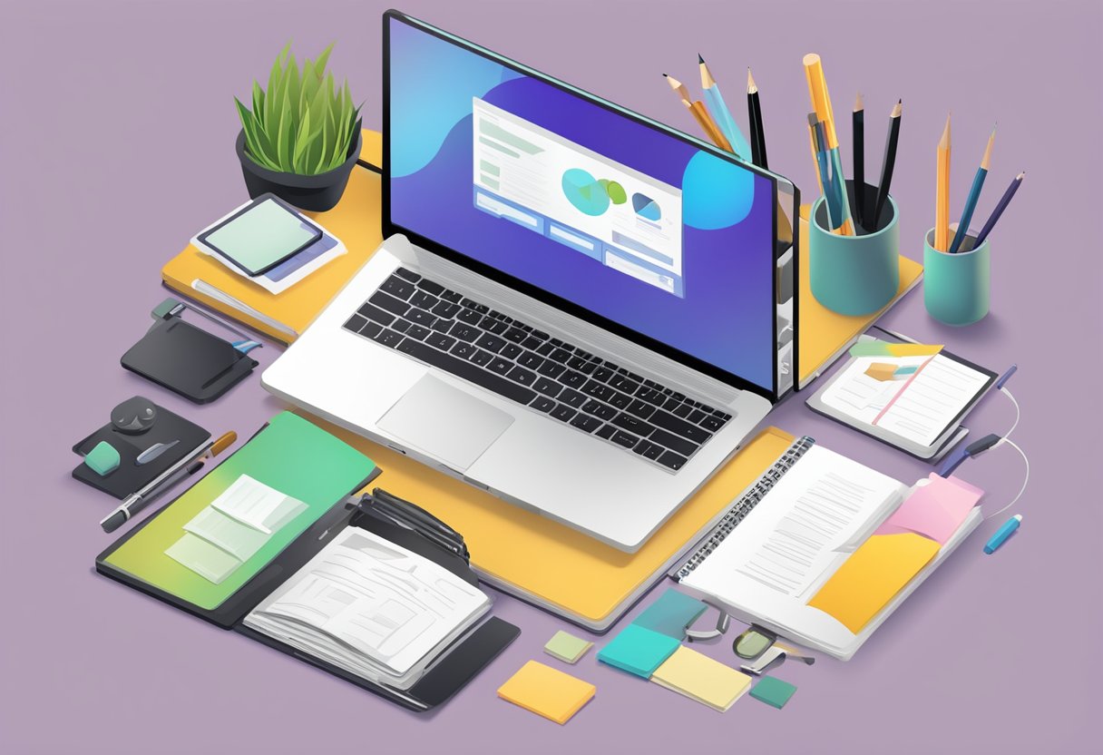 A laptop with various blogging platforms and tools displayed on the screen. A notebook and pen sit next to it for brainstorming