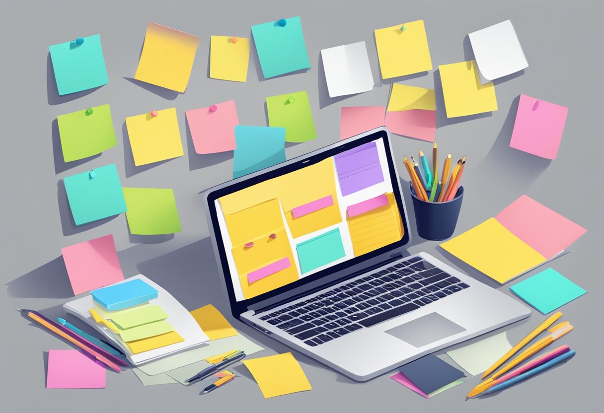 A desk with a laptop, notebook, and pen surrounded by colorful sticky notes and a calendar, symbolizing content planning