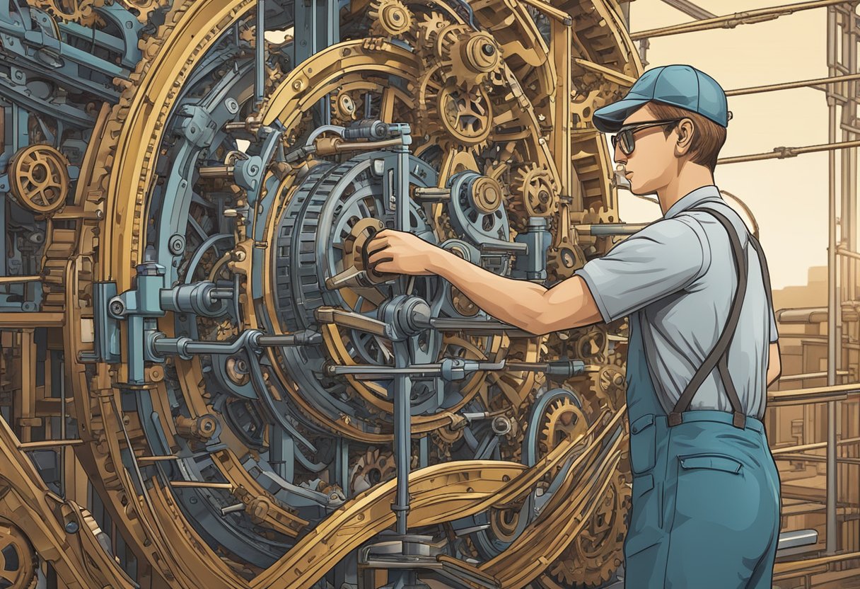 A figure navigating a maze of interconnected gears and pulleys, adjusting and problem-solving to keep the intricate machine running smoothly