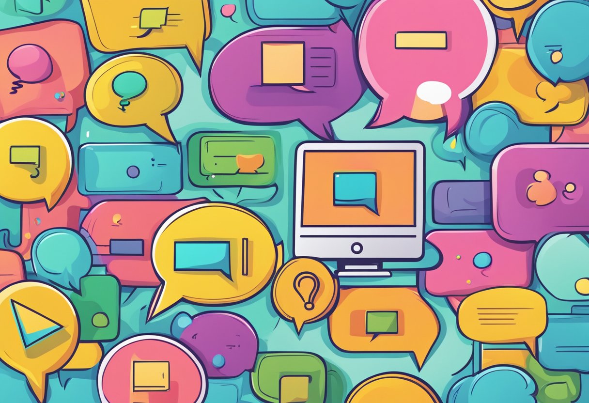 A laptop surrounded by colorful question marks and speech bubbles