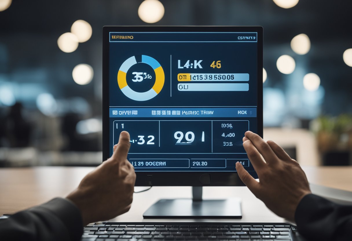 Uma pessoa espera enquanto um pagamento está sendo processado, com uma tela de computador exibindo uma barra de progresso e um símbolo de carregamento.