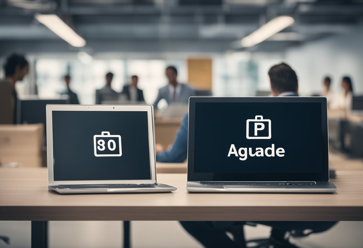 Uma pessoa esperando ao lado de um computador com um símbolo de carregamento, representando "Aguarde Abono em Processamento" em um ambiente de escritório simples.