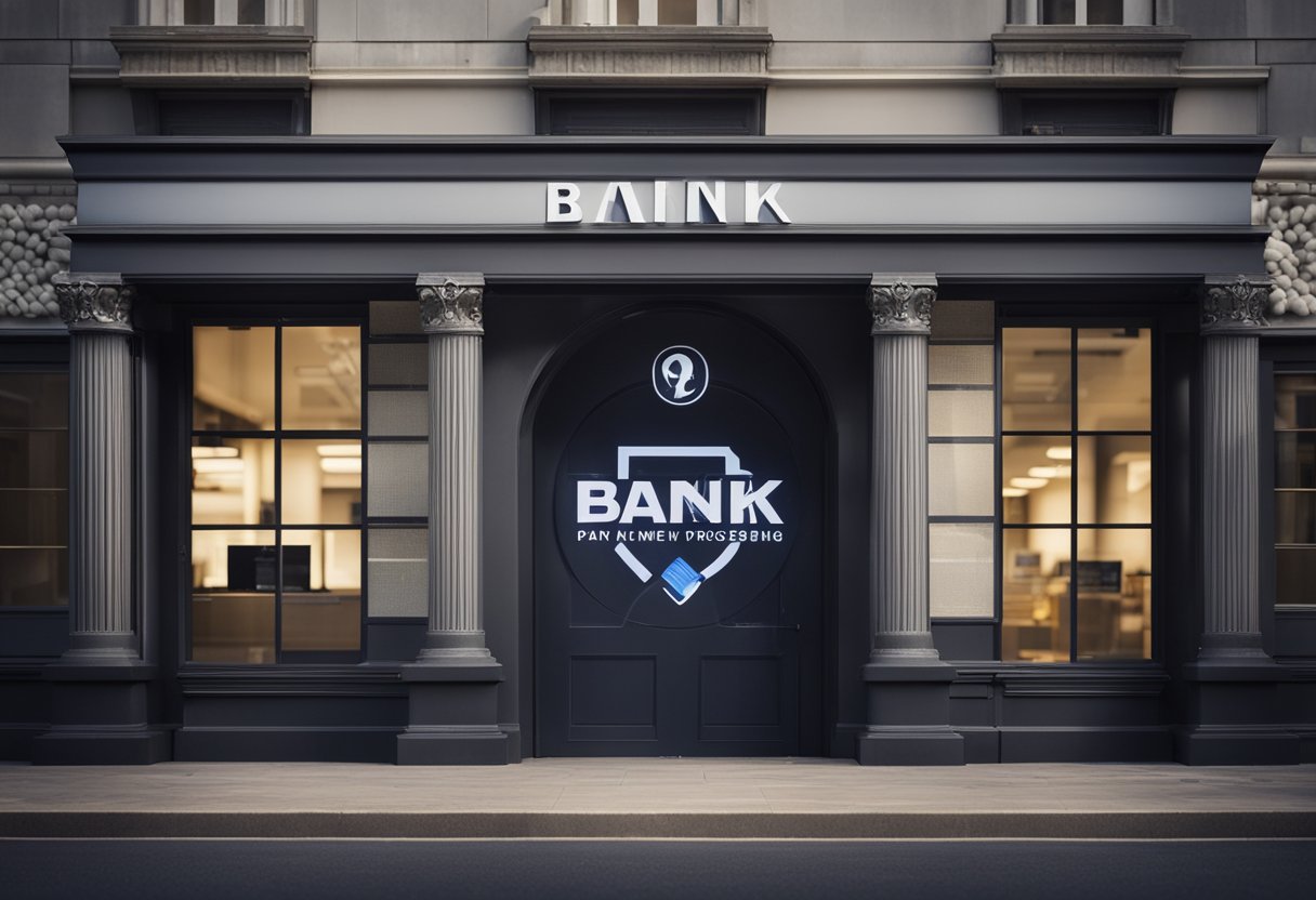 Um prédio de banco com um símbolo de processamento de pagamento digital e uma mensagem de espera exibida em uma tela