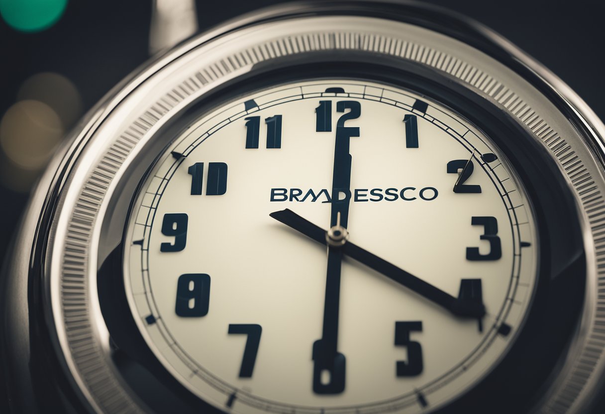 Um relógio mostrando a hora às 23:59 na segunda-feira, com um logo do Bradesco e uma mensagem promocional