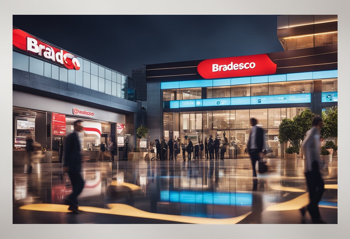 Uma cena vibrante e dinâmica de uma promoção do Bradesco com elementos de branding ousados e chamativos, definida contra um prazo de segunda-feira, dia 31.