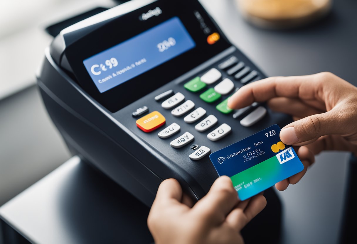 Uma mão segurando um cartão de conta global do C6 Bank, encostando-o em um terminal do Google Pay para pagamento