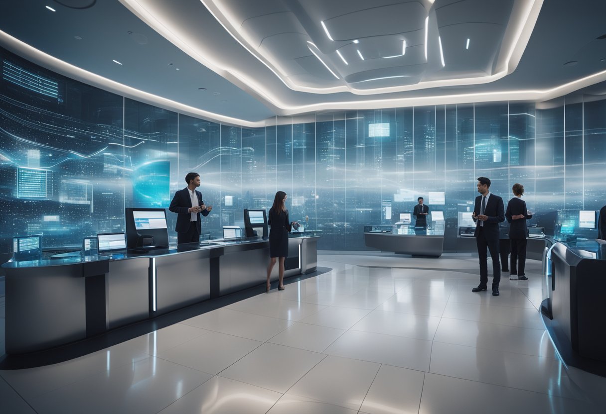 Um banco futurista com arquitetura elegante e interfaces digitais, clientes realizando transações com dispositivos móveis e interagindo com caixas eletrônicos holográficos.