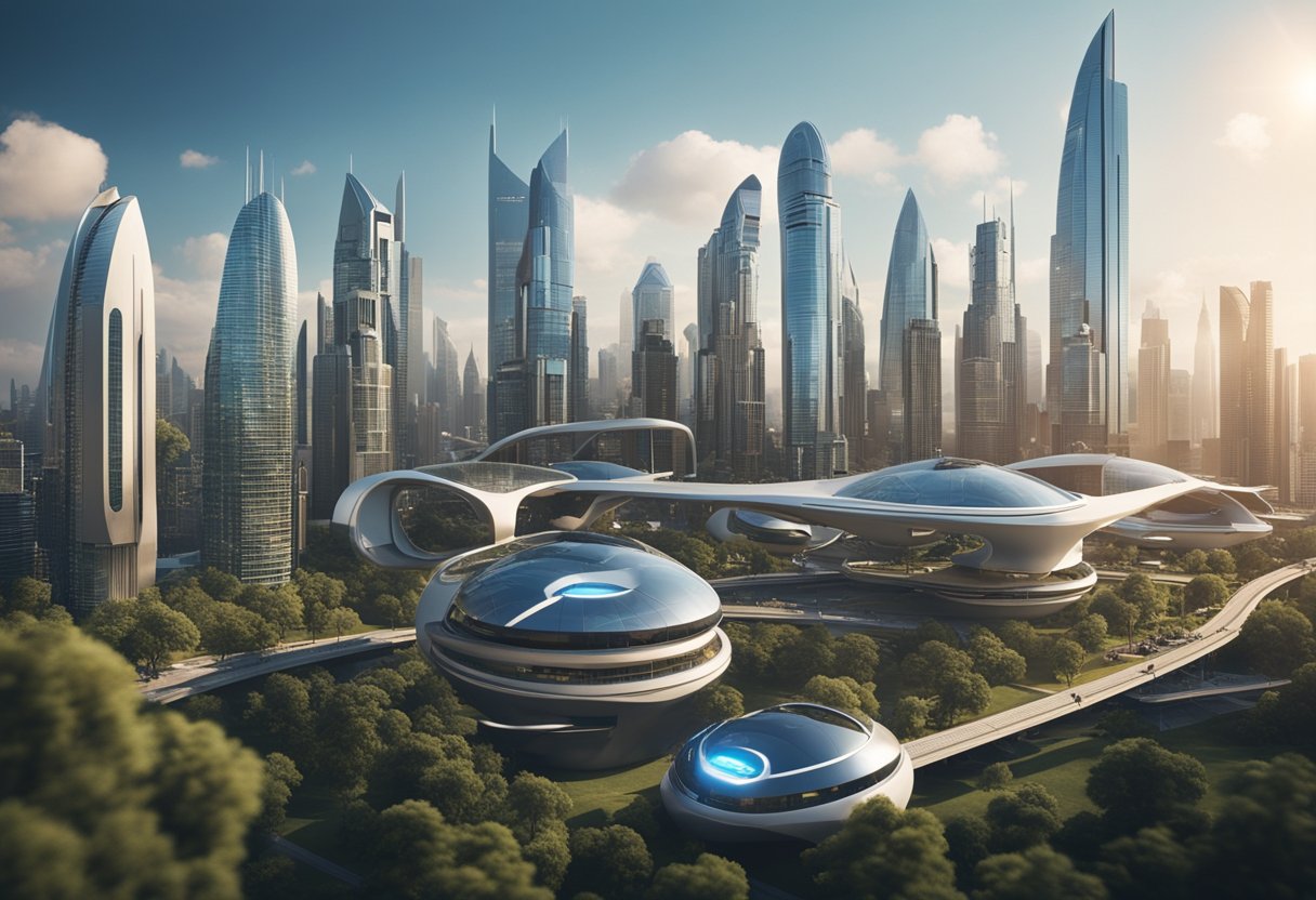 Um horizonte de cidade futurista com edifícios altos e elegantes e veículos voadores, mostrando o conceito do Alt Bank e sua funcionalidade inovadora.