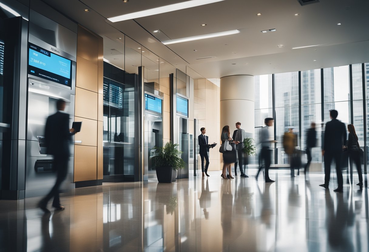 Um edifício bancário moderno e elegante com uma interface digital e clientes utilizando dispositivos móveis para transações.