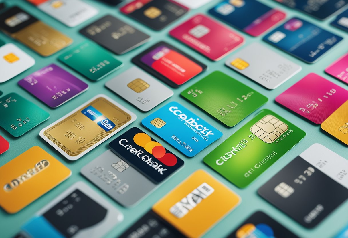 Um cartão de crédito colorido cercado por recompensas de cashback e opções de pagamento parcelado.