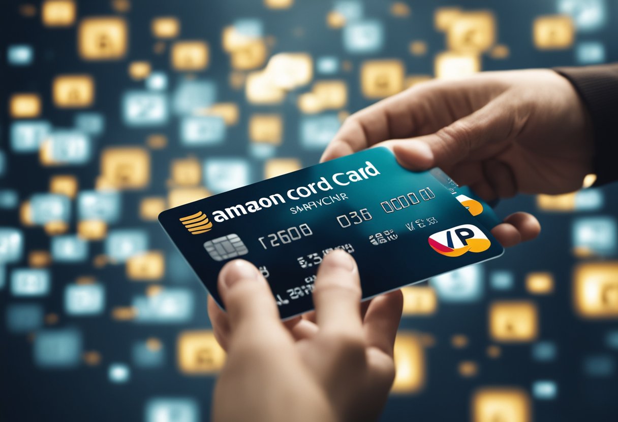 Uma mão passa um novo cartão de crédito da Amazon, cercado por símbolos de cashback e ícones de pagamento parcelado.