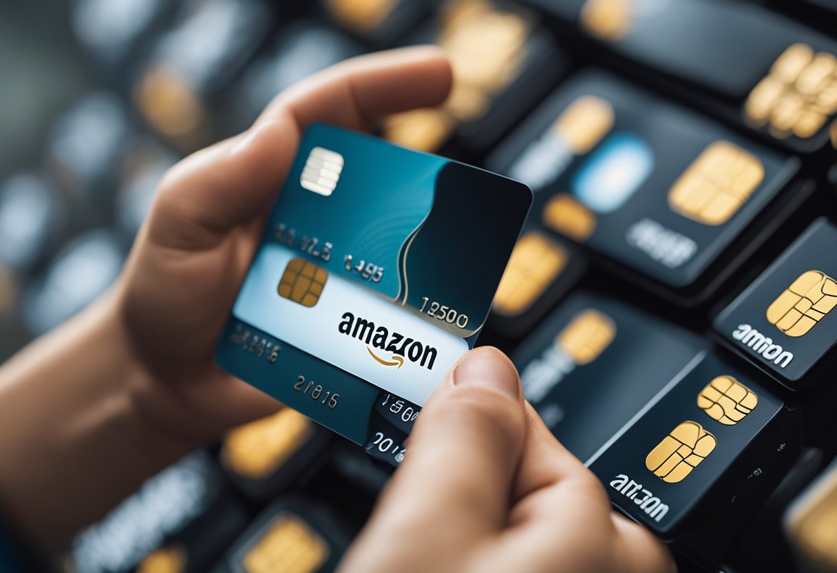 Uma pessoa passando o cartão de crédito da Amazon enquanto o compara com outros cartões de crédito que oferecem cashback e opções de parcelamento estendido.